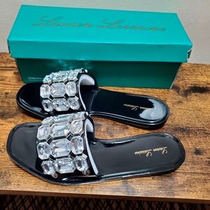 Lauren Lorraine Black Crystal Embellished Slide Sandals